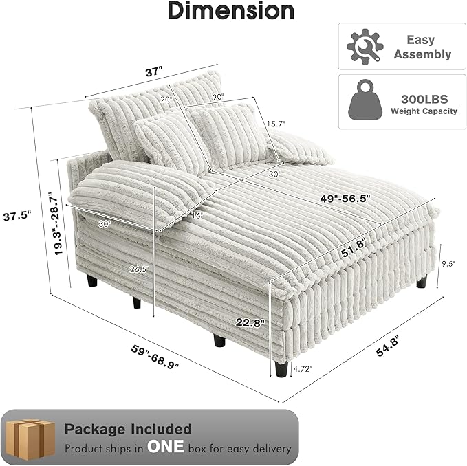 54.8" W Oversized Chaise Lounge Chair Indoor with 5-Position Adjustable Backrest, Plush Sleeper Sofa Bed with Pillows, Upholstered Cloud Couch Chair for Living Room, Study Room, Silver Grey