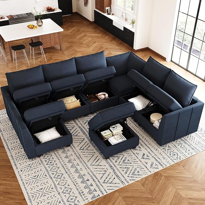 Belffin Modular Sectional Sofa U Shaped Couch with Storage Ottoman Velvet Sectional Couch for Living Room, Blue