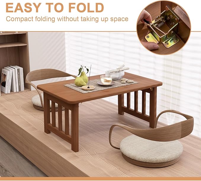Japanese Bamboo Folding Floor Table, Portable Low Coffee Table for Small Spaces, Foldable Tatami Tea Table for Sitting on Floor, No Assembly Chabudai Table for Zen Living Room (Brown)
