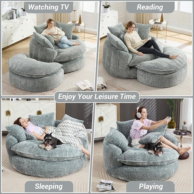 54" Oversized Round Chaise Lounge Indoor Boneless Bean Bag Chair with Movable Ottoman Fluffy Comfy Reading Chair Large Circle Cloud Couch Sleeper Sofa Bed for Living Room, Bedroom, Blue Gray