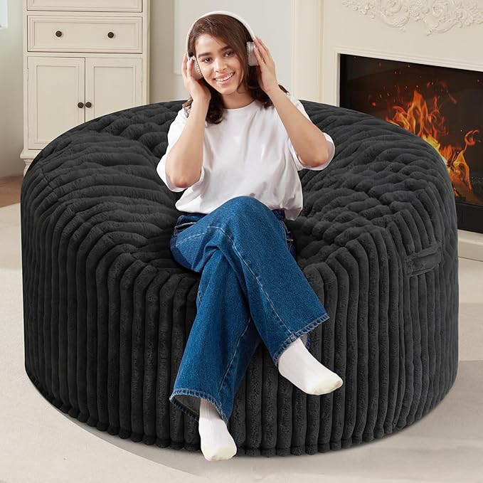 Homguava 4 FT Bean Bag Chair,4' Big Bean Bag,Large Bean Bag Chairs for Adults with Memory Foam Filled,Comfy Beanbag Chairs Soft Bean Bag Sofa with Dutch Corded Plush Cover-Black
