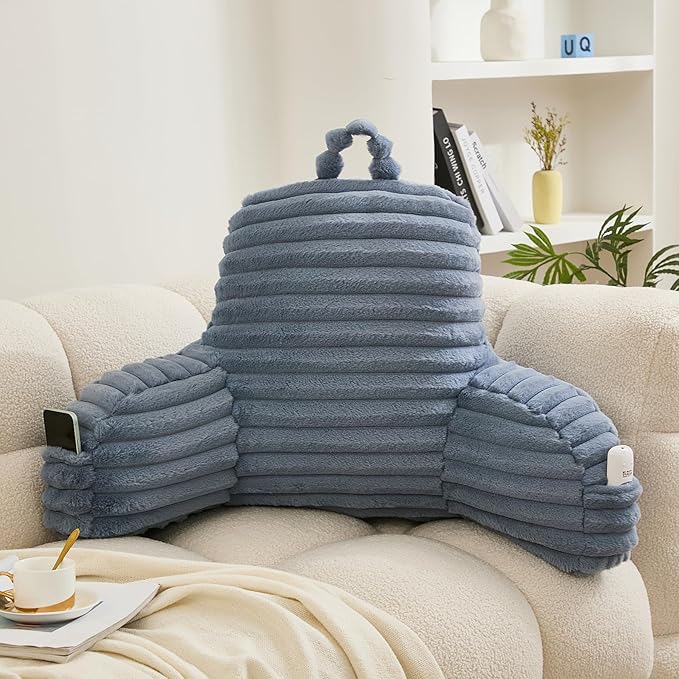 WERDIM Reading Pillow for Sitting in Bed, Faux Fur Back Pillow for Rest, Bed Chair Pillow with Arms and Pockets(XLarge, Dusty Blue)