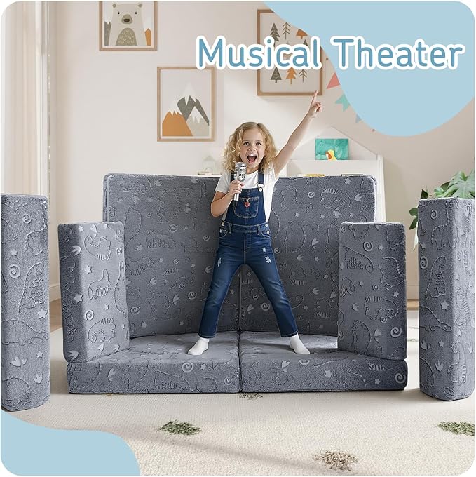 MeMoreCool 10-Piece Kids Play Couch – Modular Foam Sofa Set for Playroom, Fold-Out Convertible Toddler Furniture | Glow-in-The-Dark Dino Design, Washable Covers, Imaginative Play for Boys & Girls