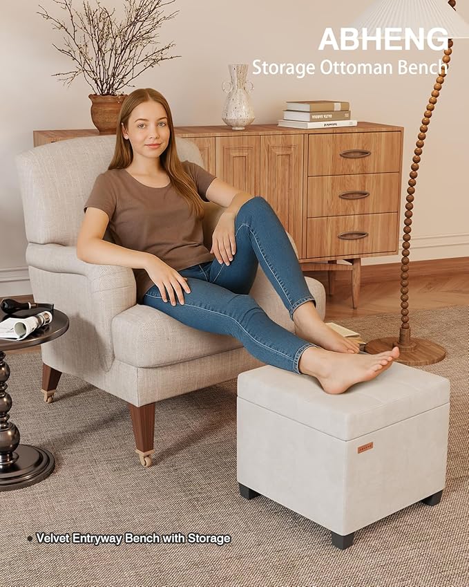ABHENG 17.7 inches Velvet turfed Ottomans Cube with Storage, Metal-Framed Square Linen Storage Ottoman Foot Rest Stool Holds 770 LB for Dorm Living Room Bedroom White UASND64W