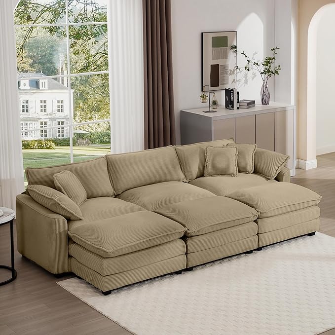 Aoowow Corduroy 3 Seater Sleeper Couch with Ottomans,Large Cloud Couches for Living Room,Tufted Modular Sectional Cloud Sofas Deep Seat,Oversized Chaise Lounge Sofa (Tan, 3 Seater + 3 Ottoman)