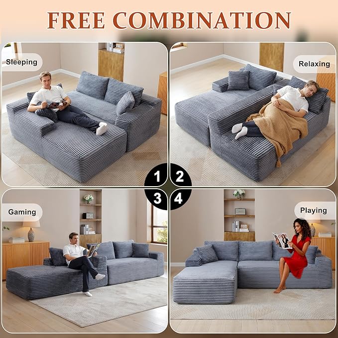 HYJT-H&K Modular Sectional Sofa Cloud Sectional Couch, 95" Comfy Fluffy L Shaped Grey Couches for Living Room, Deep Seat Memory Foam Plush Corduroy Boneless Couch Sectionals Left Facing Chaise Sofa