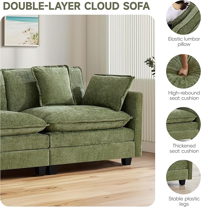 UMBFUN 2-Seater Cloud Couch, Oversized Comfy Modular Sectional Sofa with Deep Seat Cushions, Chenille Loveseat for Living Room, Apartment & Small Spaces, Green