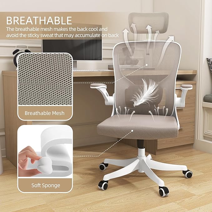 Monhey Office Chair Ergonomic Desk Chair with Lumbar Support&Headrest&Flip-up Arms Height Adjustable Rocking Swivel High Computer Chair Multi-Angle from 90° to 130° with 350LBS Capacity(04White+khaki)
