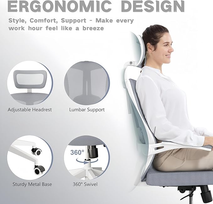 Ergonomic Office Chair - 400LB Comfy Desk Chairs with Adjustable Headrest and Lumbar Back Support, Mesh Computer Chairs with Wheels and Arms for Home Office, Study (Gray-with Headrest)