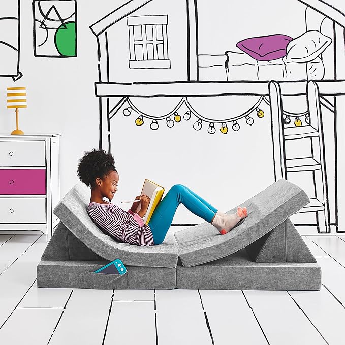 Yourigami Kids and Toddler Play Couch, Convertible Folding Sofa, Durable Foam Modular Design, Mountain Gray