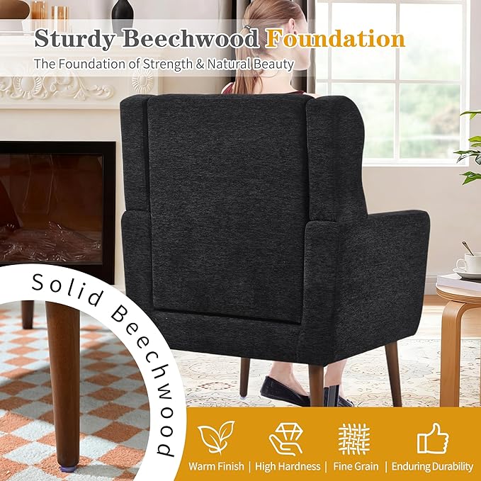 QKFF Modern Accent Chair, Upholstered Armchair with Pillow, Fabric Single Sofa Chair with Lounge Seat Solid Wood Legs Accent Chair for Living Room Bedroom Small Spaces(Black)