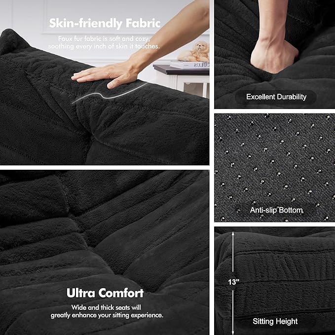 Bean Bag Loveseat Chair Big Sofa Beanbag Chair for Adults Fireside Chair Bean Bag Lounger with Memory Foam Filled for Home,Apartment or Gaming Venue（Black）