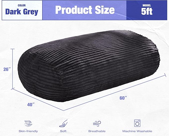Hobestluk 5FT Bean Bag Chairs Adult Bean Bag with Portable Handle Comfy Large Bean Bag Lounge Chair with Removable Cover for Living Room Bedroom (Stripe Dark Grey, 5FT)