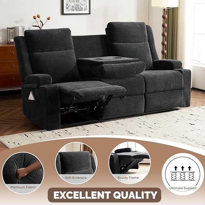 PALLOME Chenille Reclining Sofa 3-Seater with Convertible Table, Storage Ottoman & Cup Holders | Modern Space-Saving Couch, Ergonomic Living Room Furniture (Black)