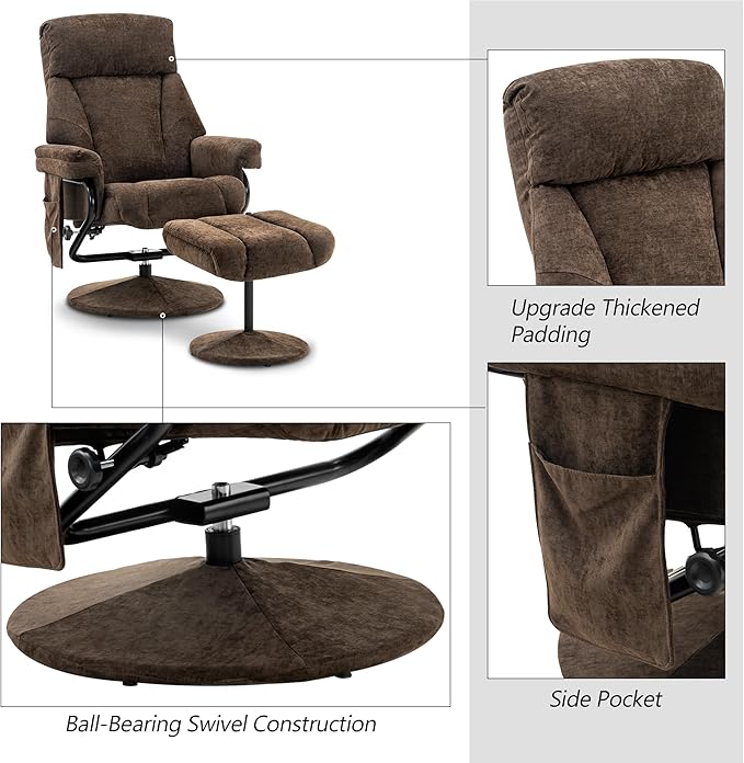 MCombo Swivel Recliner with Ottoman, TV Chair with Vibration Massage, Ideal for RV Small Space, Living Room & Bedroom 4828 (Textile, Dark Brown)