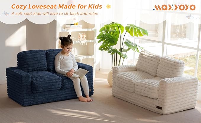 MAXYOYO Extra Wide Kids Bean Bag Chair, Comfy Faux Fur Bean Bag Sofa with Filler, Upholstered Floor Sofa with Pillows and Armrests, Lazy Floor Chair Couch for Boys and Girls, Navy