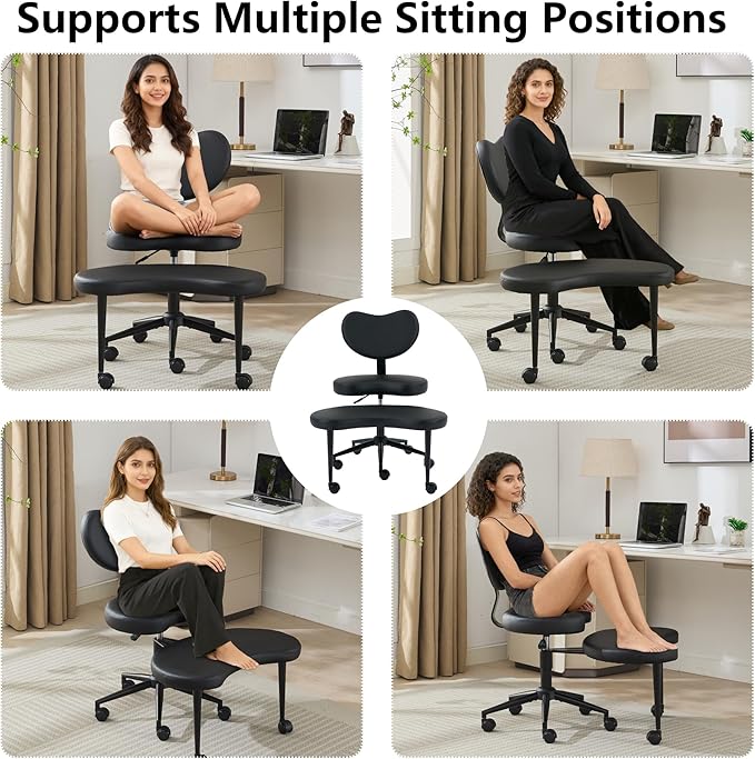 Meditation Chair with Lumbar Support,360° Swivel Cross Legged Chair with Wheels, Ergonomic Cross Legged Office Chair for Adults with ADHD, Height-Adjustable Yoga Chair, PU Leather, Ivory