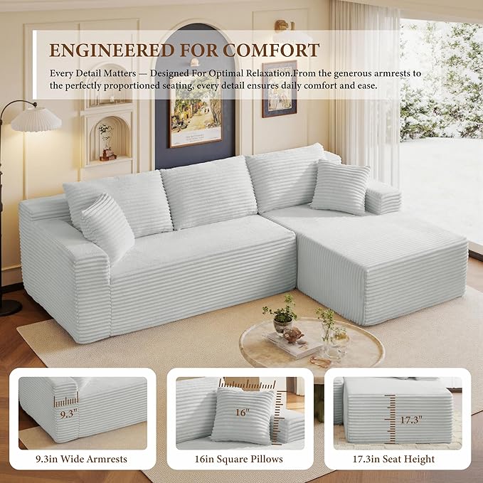105" Sectional Couches for Living Room Cloud Couch Sofa with L-Shape Upholstered Boneless Couchs Modern Modular Sectional Couch with Chaise (Light Grey, 105" W+Right Facing Chaise+2Seaters)