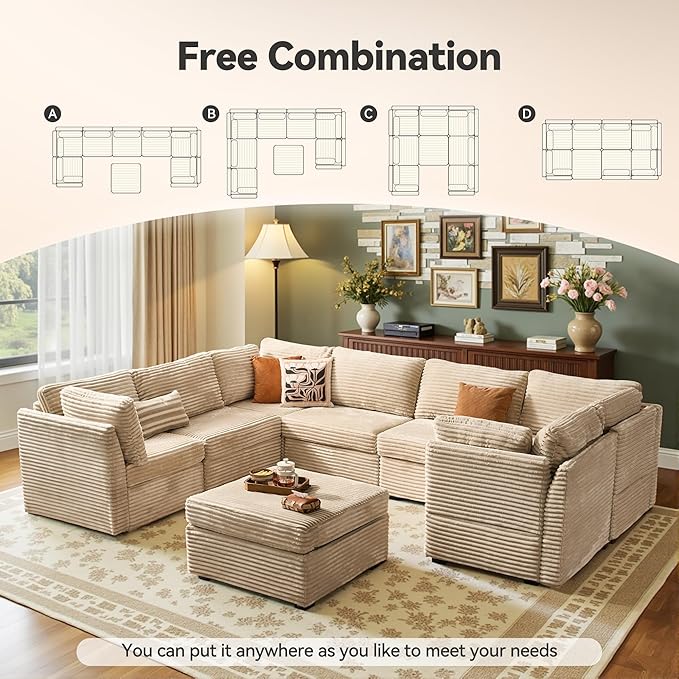 CAODOC Large 8 Seat Modular Sectional Sofa with Ottoman Seat Corduroy Sleeper Sectional Sofa Bed Oversized Convertible Modular Couch for Living Room
