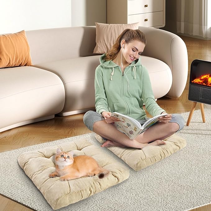LYLNBYWK Meditation Floor Cushions Set of 2, Thickened Floor Pillow for Adults, Large Square Pillows Seat Cushion for Tatami Living Room Yoga, Memory Sponge Block Added, 22x22 Inch, Beige