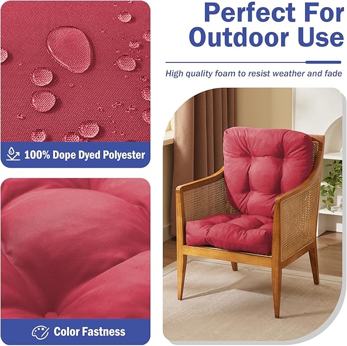 IPYNBAP Outdoor Chair Cushions Set of 2, Patio Chair Cushions with Ties, 19x19+5” Tufted Outdoor Seat Cushions, Waterproof Patio Furniture Cushions, Outdoor Dining Chair Pads, Burgundy