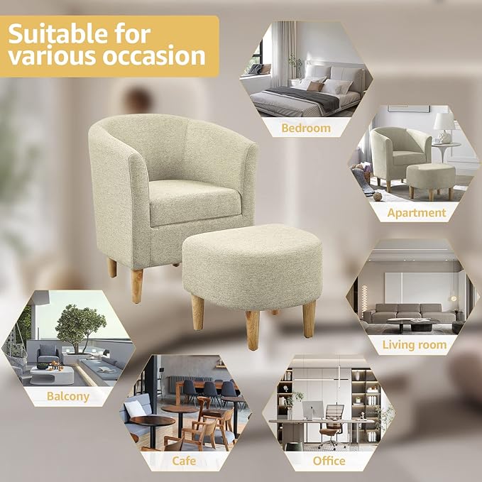 DAZONE Accent Chair, Barrel Chair with Ottoman Comfy Arm Mid Century Modern Footrest Set Comfortable Living Room Chairs Upholstered Club Tub Sofa for Bedroom Reading Beige Set of 1