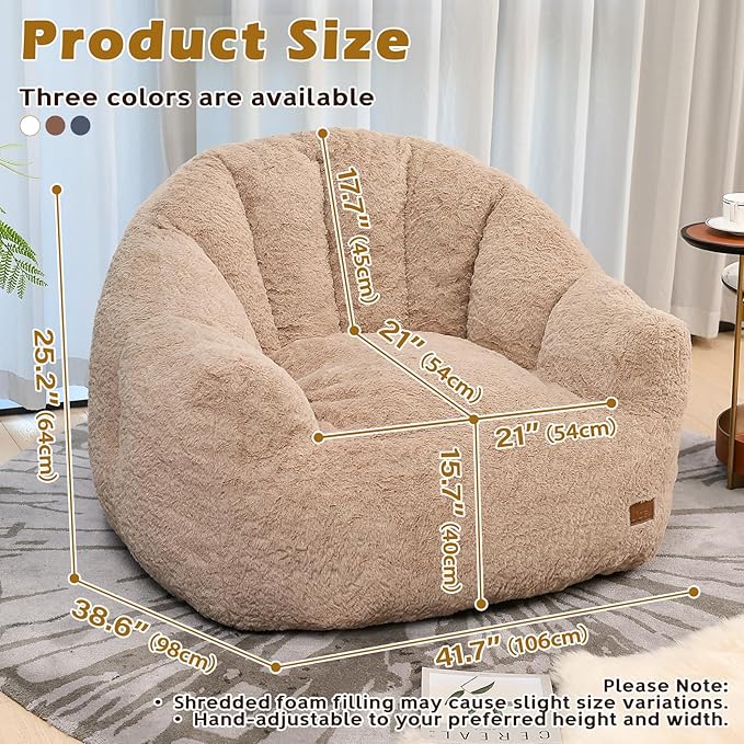 Big Bean Bag Chairs for Adults Giant Sofa with Faux Fur Shell-Shaped Beanbag Couch, Stuffed Large Bean Bag Floor Chair for Living Room, Beanbags Reading Chair for Bedroom Single Sofa(L-Khaki)