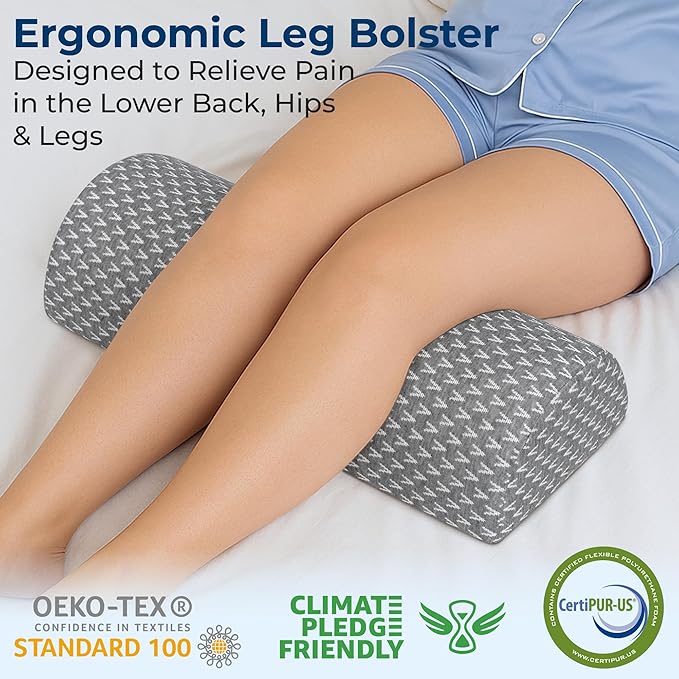 5 STARS UNITED Knee Pillow for Back Sleeping – Memory Foam Cushion for Sciatica Pain Relief – Under Leg Support for Sleeping on Back – Large Half Moon Bolster for Bed, Gray