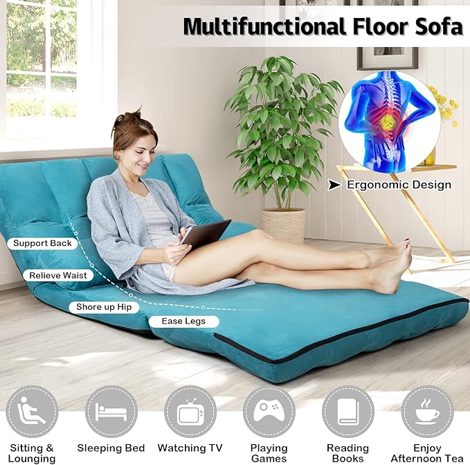 KOMFOTT Adjustable Floor Sofa Bed, Foldable Lazy Sofa Sleeper with 6 Position Backrest & 2 Pillows, Convertible Futon Couch with Suede Cloth Cover, Lounge Recliner for Living Room