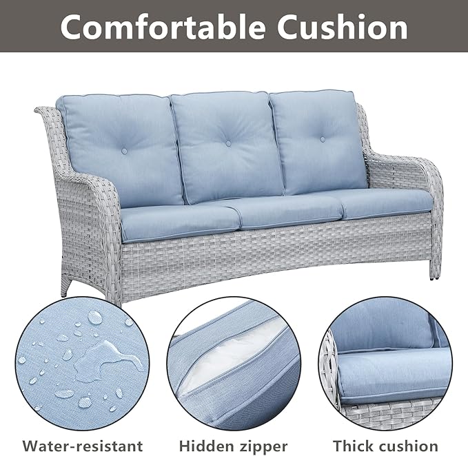 Rilyson Patio Furniture Swivel Chairs Set - 7 PC Wicker Rattan Outdoor Sectional Conversation Sets with Rocking Chairs,Ottoman,Sofa and Coffee Table for Porch Deck Garden(Light Grey/Sky Blue)