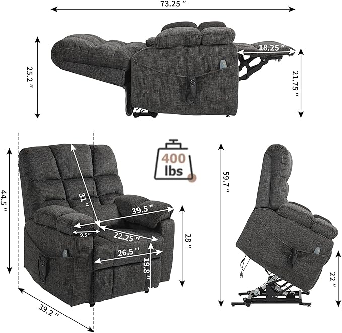 Triple Motor Zero Gravity Power Lift Recliner Chair for Elderly, Extra Wide Lay Flat Recliner with Lifts Vertically, Legs Elevated Above The Heart, Heat Massage, Arm Storage & Cup Holders
