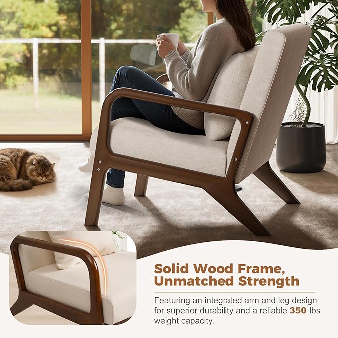 ELUCHANG Mid-Century Modern Chair,Accent Chair with Lumbar Pillow,Upholstered Armchair,Linen Fabric Comfy Reading Chair Beige, Linen, Set of 2