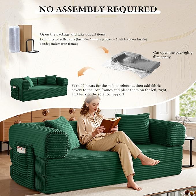 Chorlenimi Boneless Couch Futon Sofa Bed Sectional Couches for Living Room,Cloud Couch with Sleeper Sofa,Sofas for Living Room Oversized Corduroy Upholstered (Green, 81 Inches (with Iron Frame))