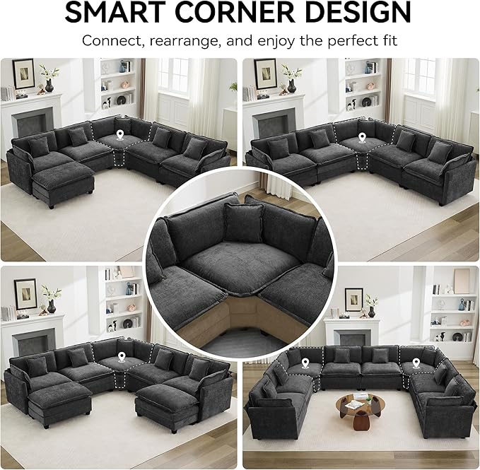 147'' Oversized U Shaped Cloud Sectional Sofa, Chenille Deep Seat Couches for Living Room, Comfy Upholstered Modular Sectional Sofa Couch, Dark Grey