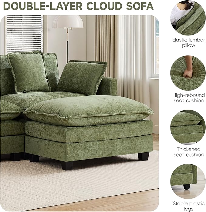 UMBFUN 3-Seater Cloud Couch with Ottoman, Oversized Comfy Modular Sectional L Shaped Sofa with Deep Seats, Chenille Couch for Living Room, Green