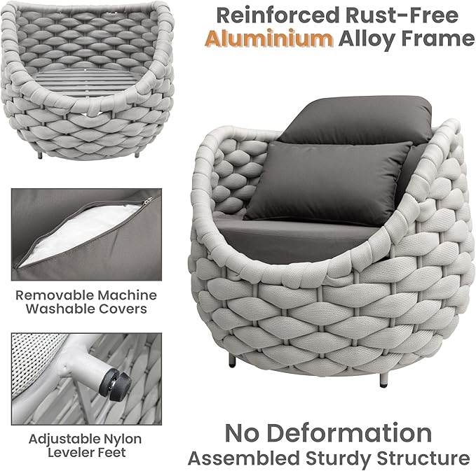 Erotr 6 Pieces Rope Patio Furniture Set: Aluminum Outdoor Couch Set Cushioned - Assembled Conversation Sofa Set Modern - Metal Porch Seating for 7 Person - All Weather for Deck Garden Poolside Hotel