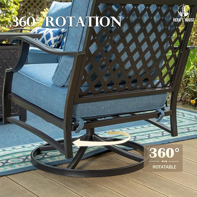 HERA'S HOUSE Outdoor Chairs Set of 2, 2 x Patio Chair with Navy Blue Cushions, All Weather Outdoor Furniture for Lawn Garden Backyard Deck(Swivel Chairs)