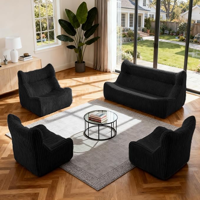 Bean Bag Chairs, Giant Bean Bag Chair for Adults, Memory Foam Lounge Chair, Comfy Lazy Floor Chair, Bean Bag Sofa for Living Room, Bedroom and Office, Single Bean Bag (Black)