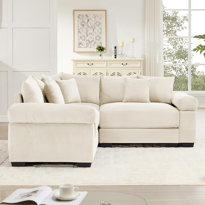 KEIKI 79" L-Shaped Oversized Corduroy Modular Cloud Sectional Sofa with High-Density Foam Cushion, Extra-Thick Armrest, Convertible 3-Seater Fluffy Corner Couch with 10 Pillow, for Living Room, Beige