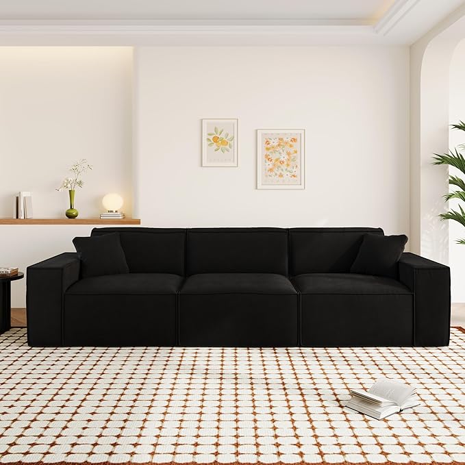 110" Cloud Sectional Couch, Chenille Boneless Couch 3 Seater with Deep Seats & Wide Armrests, Comfy Modular Sectional Sofa Memory Foam Compression Floor Sofa for Living Room, No Assembly Required