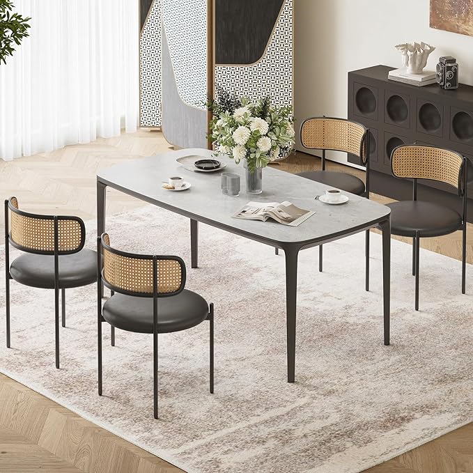 Farini Dining Chairs Set of 2, PU Leather Upholstered Seat with Woven Rattan Back, Sturdy Metal Legs Modern Side Chairs for Kitchen Living Room Restaurant, Black