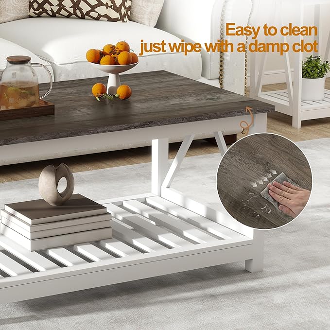UYIHOME Farmhouse Coffee Table, White OakCoffee Table for Living Room, 2-Tier Rectangular Wooden Centre Cocktail Table with Slats Shelf Storage and V-Shaped Frame Modern Coffee Table Dark Oak