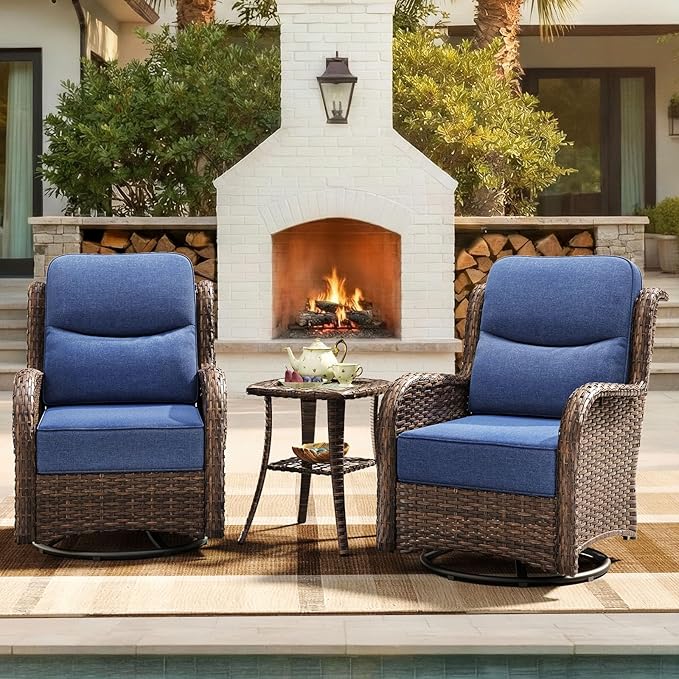 HILLGA Luxury Patio Furniture Set with 6-inch Thick Cushion, Outdoor High Back Swivel Rocker Patio Chairs, 3PCS Wicker Conversation Set for Deck Yard and Poolside, Blue (V2)