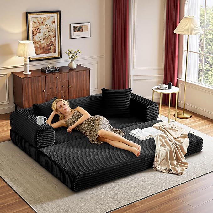 Chorlenimi Boneless Couch Futon Sofa Bed Sectional Couches for Living Room,Cloud Couch with Sleeper Sofa,Sofas for Living Room Oversized Corduroy Upholstered (Black, 76 Inches (No Iron Frame))