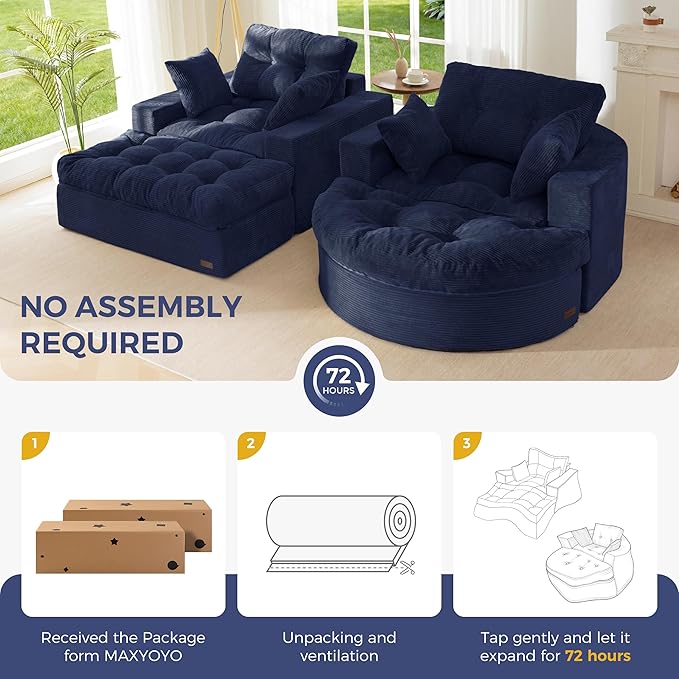 MAXYOYO Modular Sectional Chaise Lounge Sofa, 2 Sets Upholstered Lounge Chair with Ottoman, Comfy Round+ Square Couch with Layered Cushion, Tufted Sleeper Chair for Living Room, No Assembly, Navy