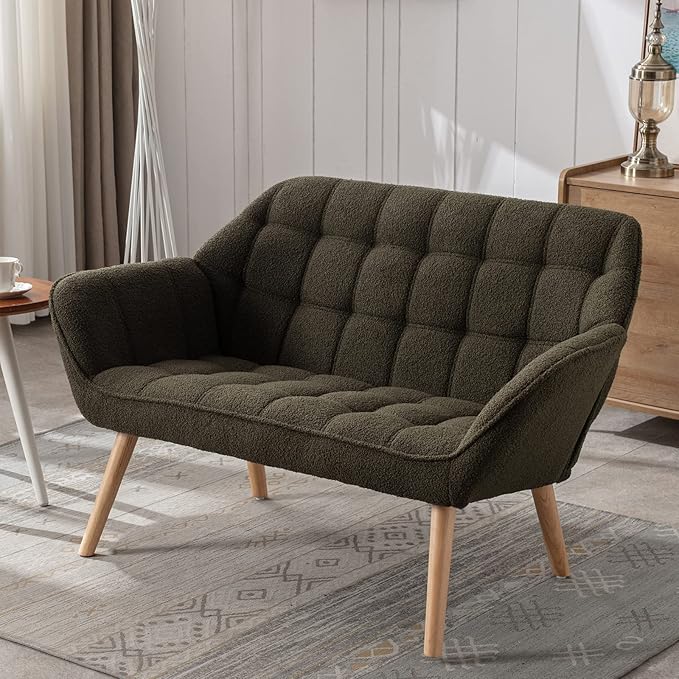 QUINJAY 48" Small Loveseat Sofa, Modern Sherpa Mini Sofa Couch 2-Seater Fluffy Love Seat with Quilting Backs and Wood Legs for Living Room, Bedroom and Small Space, Green