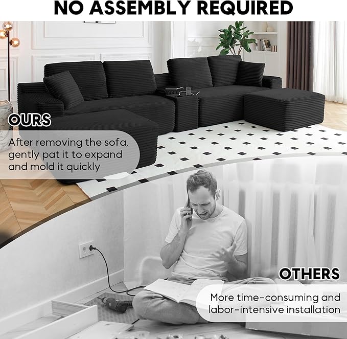 125” Oversized Modular Sectional Sofa, Deep Seat Corduroy Cloud Couch with Cup Holders, USB Ports & Storage Box, Sleeper Sofa Couch Boneless Couches for Living Room, No Assembly Required (Black)