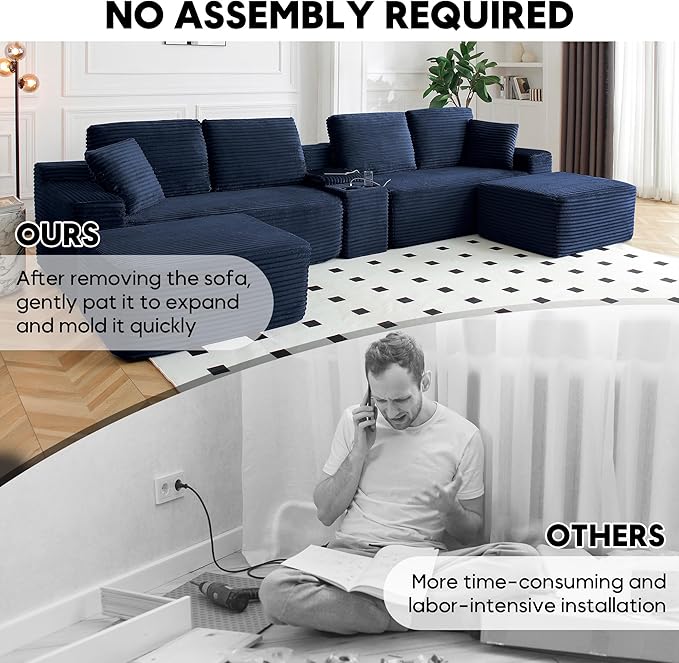 125” Oversized Modular Sectional Sofa, Deep Seat Corduroy Cloud Couch with Cup Holders, USB Ports & Storage Box, Sleeper Sofa Couch Boneless Couches for Living Room, No Assembly Required (Blue)