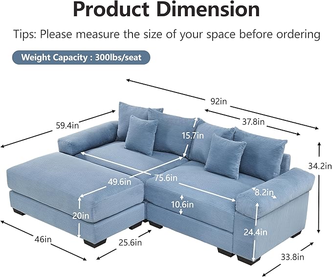 KEIKI 83" L-Shaped Oversized Corduroy Modular Sectional Loveseat Sofa with 1 Ottoman, High-Density Foam Cushion, Extra-Thick Armrest, 2-Seater Fluffy Corner Couch with 6 Pillow, for Living Room, Blue