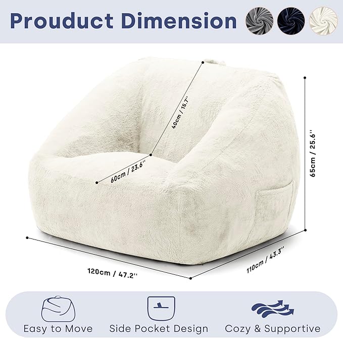 SUNBURY 47.2" L-Shaped Bean Bag Chair with Arms, Memory Foam Filled Lazy Sofa with Portable Handle & Side Pocket, Plush Floor Chair for Adults, Game Room, Bedroom, Living Room (Blue)